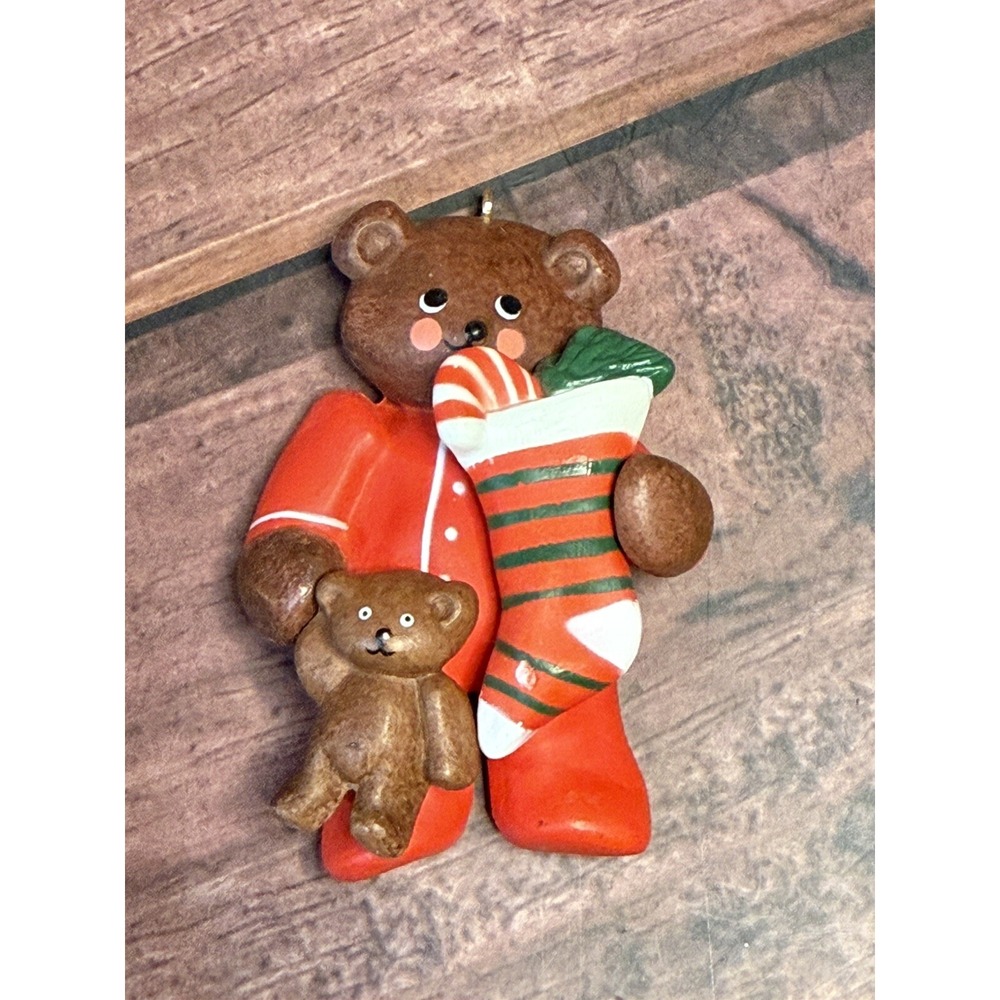 Vintage Russ Teddy Bear Christmas Ornament Wearing Red Pajamas Holding A Bear